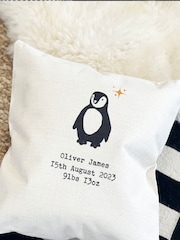 100% Linen New Baby Personalised Penguin Cushion by Solesmith - Image 1 of 3