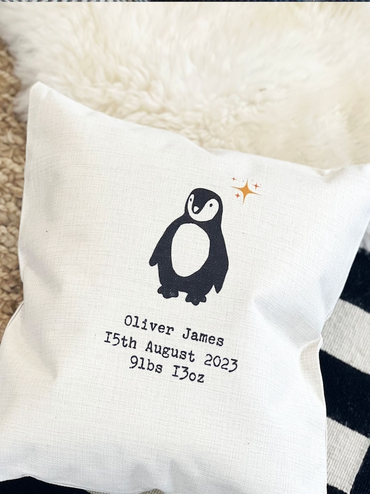 100% Linen New Baby Personalised Penguin Cushion by Solesmith - Image 1 of 3