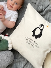 100% Linen New Baby Personalised Penguin Cushion by Solesmith - Image 2 of 3