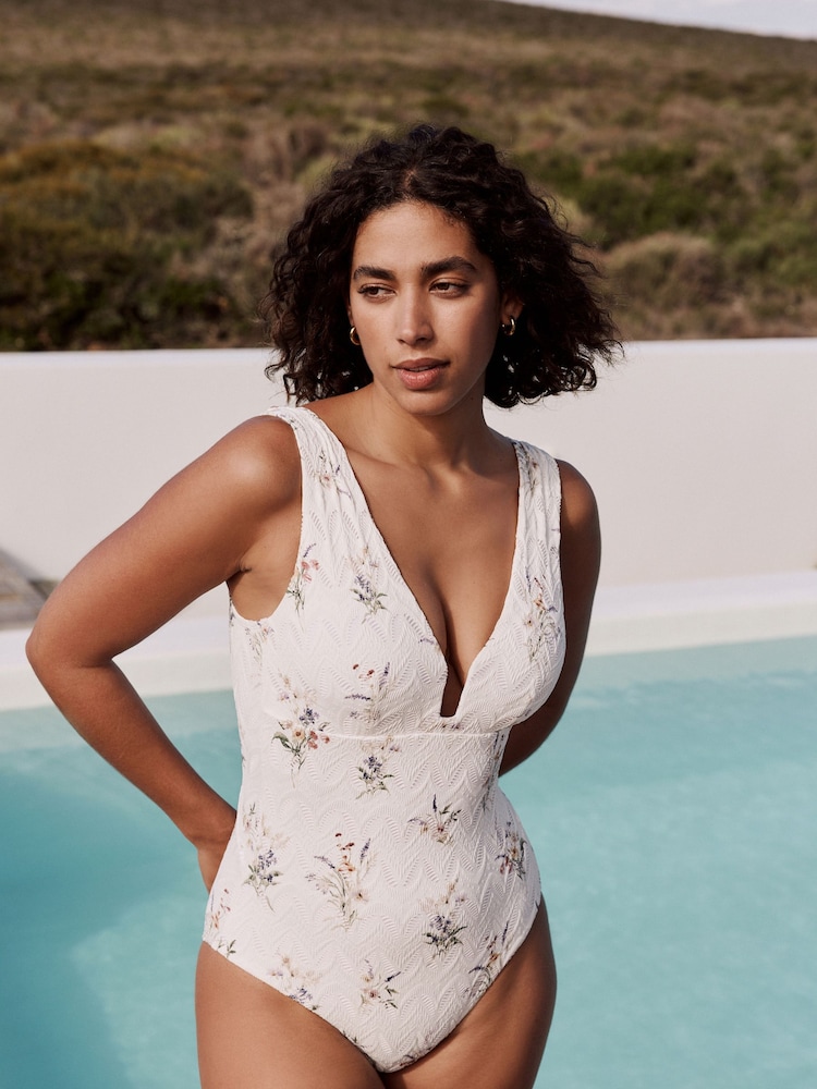 White Floral Lace Plunge Shaping Tummy Control Swimsuit - Image 1 of 8 White Floral Lace Plunge Shaping Tummy Control Swimsuit - Image 1 of 8