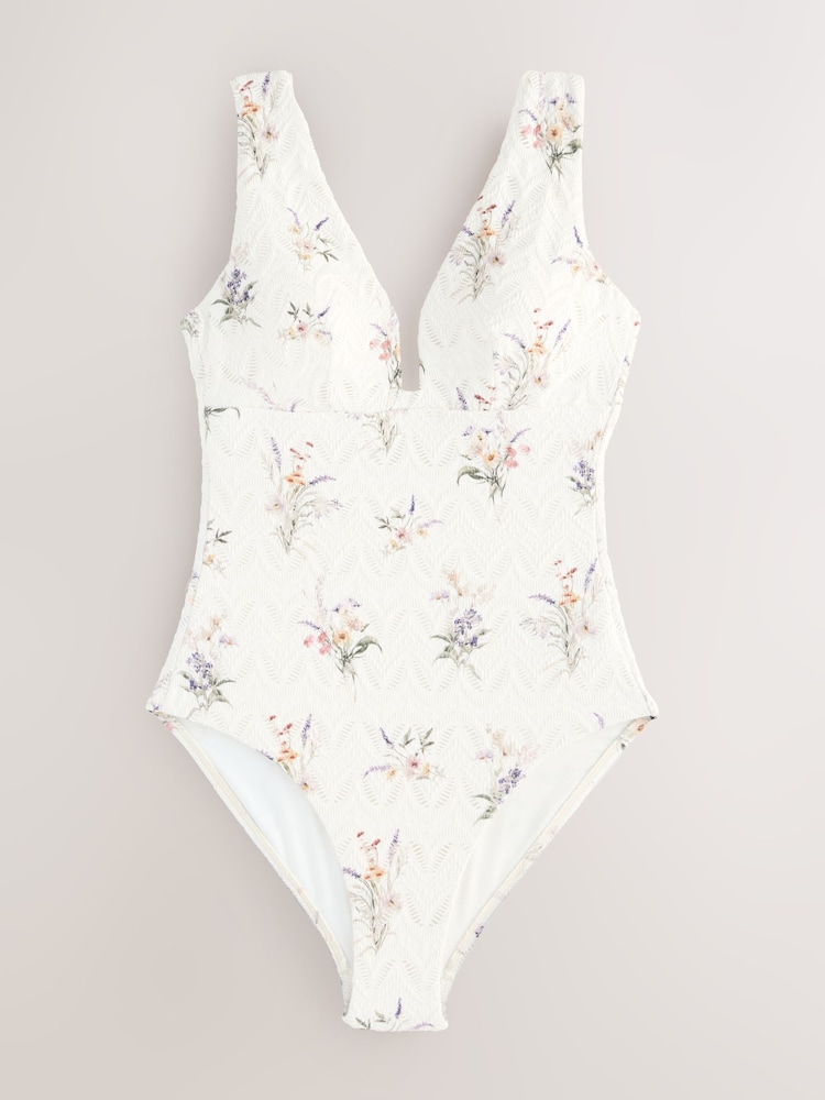 White Floral Lace Plunge Shaping Tummy Control Swimsuit - Image 6 of 8