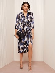Friends Like These Blue Leopard Print Printed Satin Wrap Midi Dress - Image 1 of 4