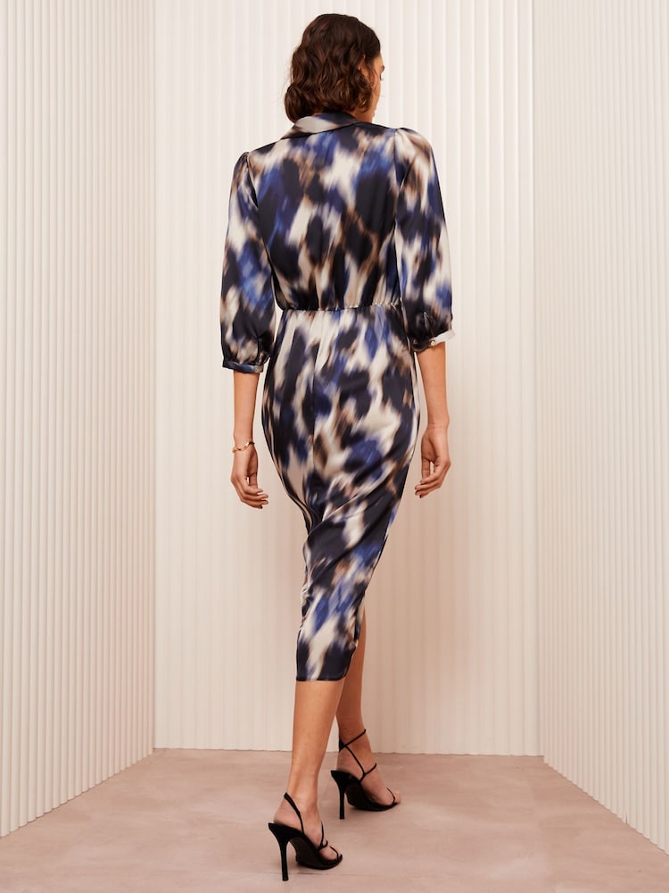 Friends Like These Blue Leopard Print Printed Satin Wrap Midi Dress - Image 4 of 4