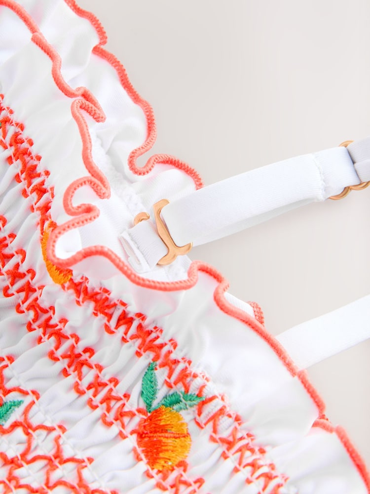 White Embroidered Peach Shirred Bandeau Bikini Top - Image 8 of 8