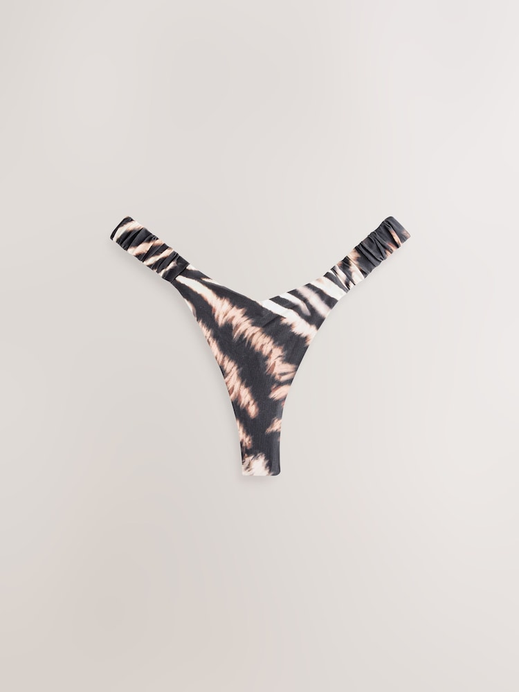 Black/Animal Ruched Side High Cut Leg Tanga Bikini Bottoms - Image 1 of 3 Black/Animal Ruched Side High Cut Leg Tanga Bikini Bottoms - Image 1 of 3