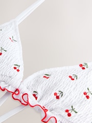 White Embroidered Cherry Shirred Triangle Bikini Top - Image 6 of 7