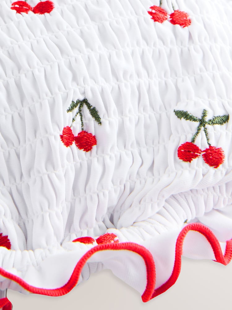 White Embroidered Cherry Shirred Triangle Bikini Top - Image 7 of 7
