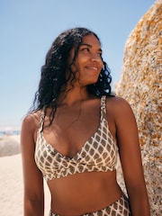 Khaki Green/Cream Foil Woodblock Macrame Triangle Bikini Top - Image 1 of 8