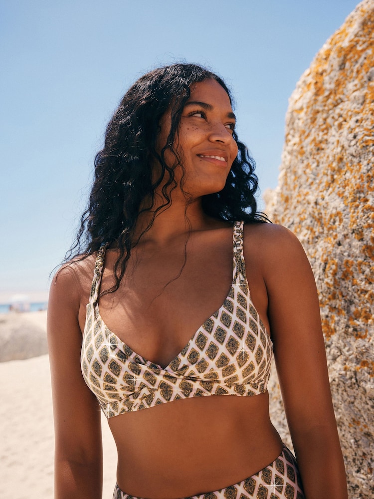 Khaki Green/Cream Foil Woodblock Macrame Triangle Bikini Top - Image 1 of 8