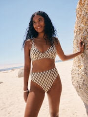 Khaki Green/Cream Foil Woodblock Macrame Triangle Bikini Top - Image 2 of 8