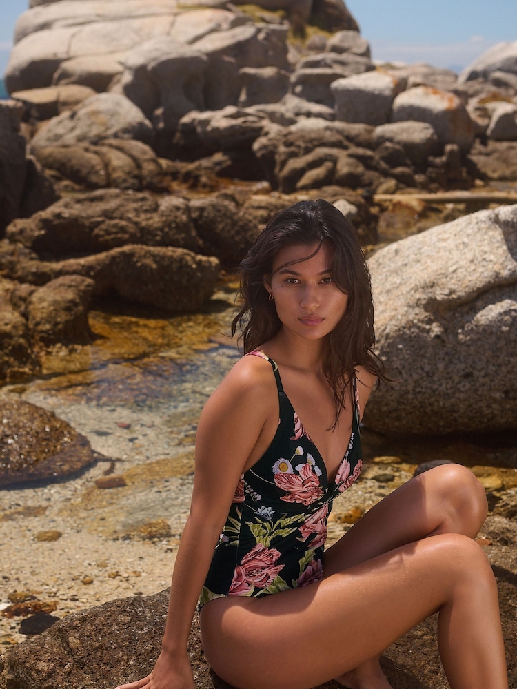 Black Floral Print Twist Front Tummy Control Swimsuit - Image 6 of 12