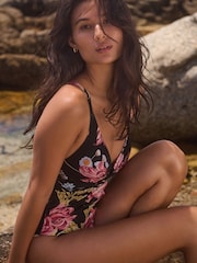 Black Floral Print Twist Front Tummy Control Swimsuit - Image 8 of 11