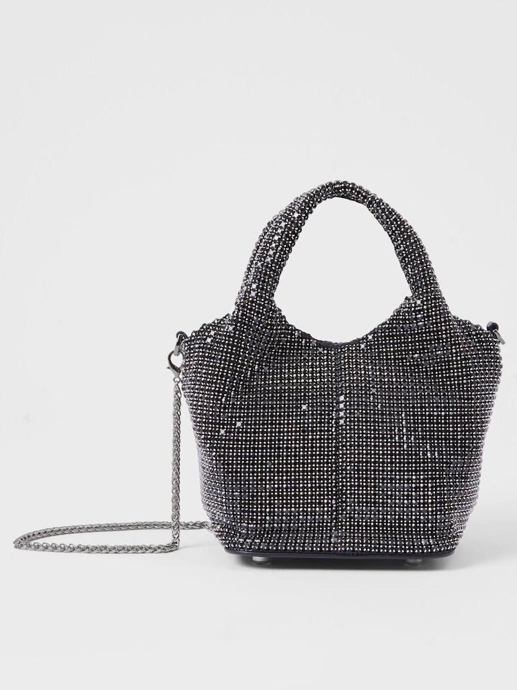 French Connection Silver Diamonte Bucket Bag - Image 1 of 4