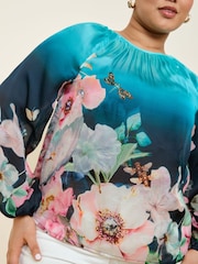 Lipsy Blue Curve Floral Printed Ballon Sleeve Blouse - Image 2 of 4