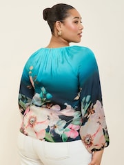 Lipsy Blue Curve Floral Printed Ballon Sleeve Blouse - Image 4 of 4
