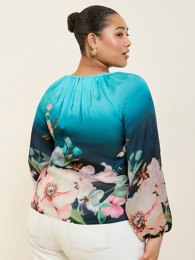 Lipsy Blue Curve Floral Printed Ballon Sleeve Blouse - Image 4 of 4