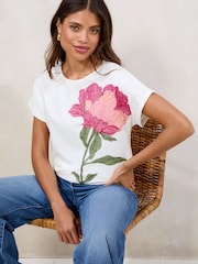 Lipsy White 100% Cotton Embroidered Floral T-Shirt - Image 1 of 4