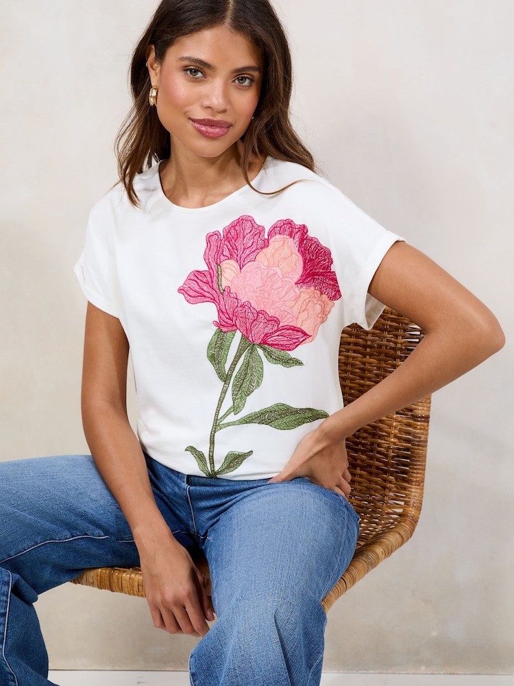 Lipsy White 100% Cotton Embroidered Floral T-Shirt - Image 1 of 4