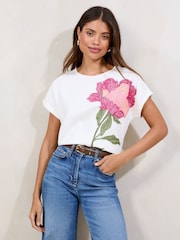 Lipsy White 100% Cotton Embroidered Floral T-Shirt - Image 2 of 4