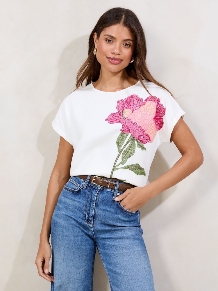 Lipsy White 100% Cotton Embroidered Floral T-Shirt - Image 2 of 4