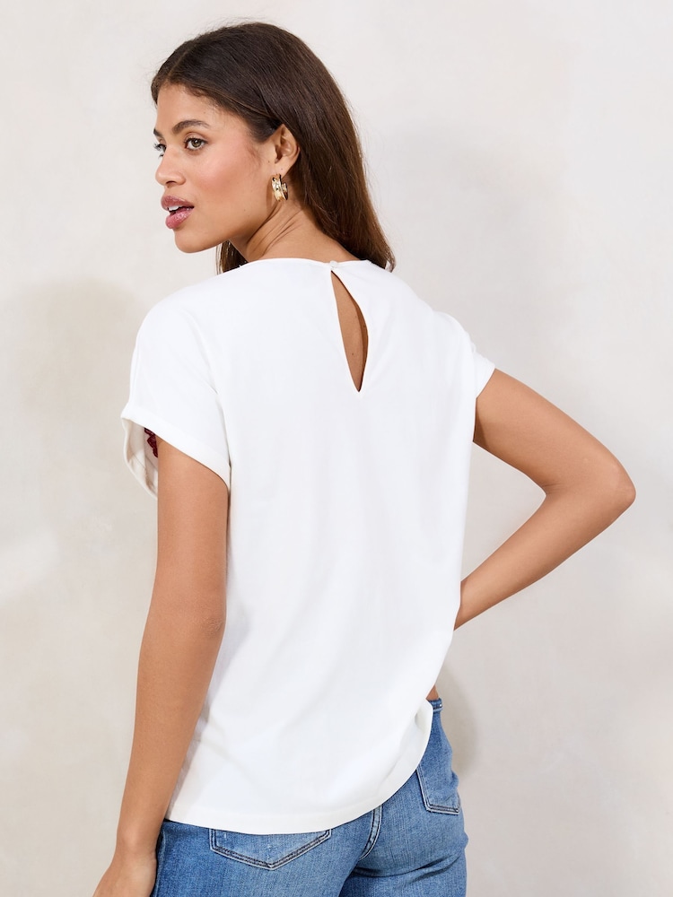 Lipsy White 100% Cotton Embroidered Floral T-Shirt - Image 4 of 4
