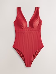 Red Rib Plunge Shaping Tummy Control Swimsuit - Image 3 of 6