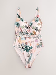 Estampado de paisaje en rosa - Plaited Belt Tummy Control Plunge Wrap Swimsuit - Imagen 6 de 9