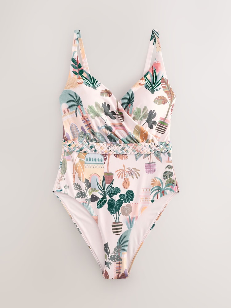 Pink Scenic Print Plaited Belt Tummy Control Plunge Wrap Swimsuit - Image 6 of 9