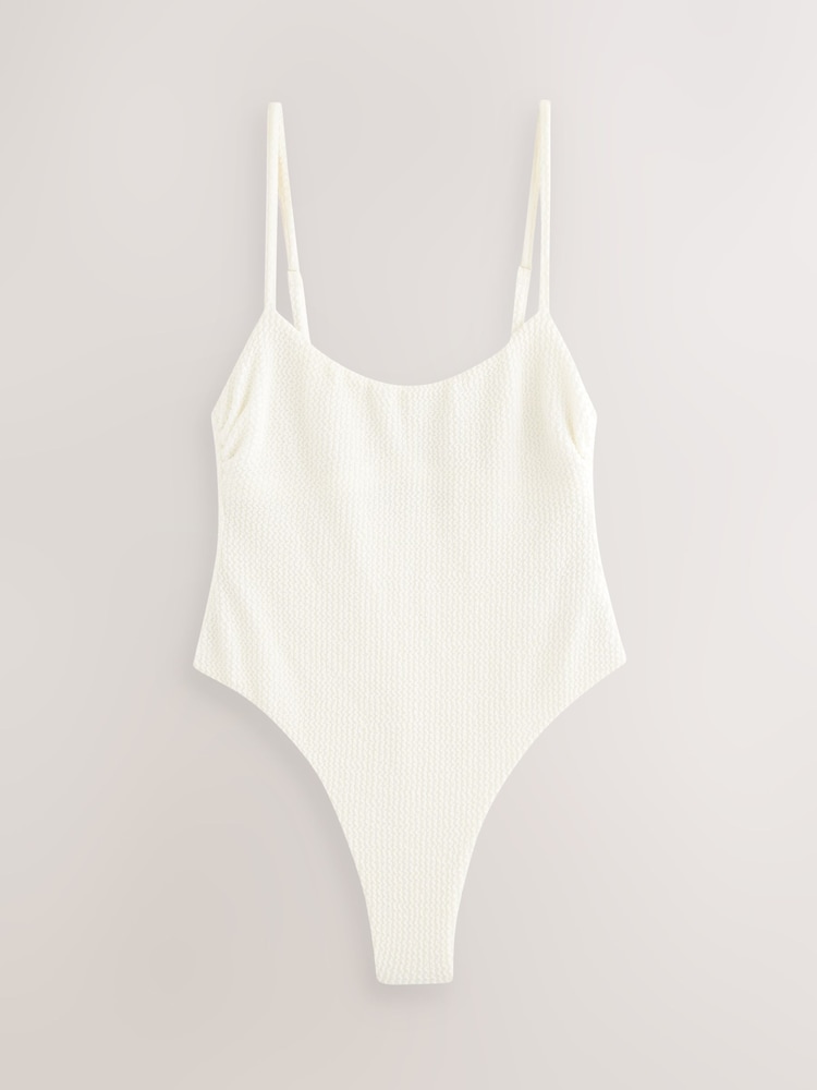 self. Ecru Crinkle High Leg Tummy Control Scoop Swimsuit - Image 1 of 4