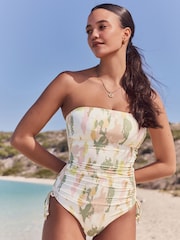 Cream/Khaki/Gold Foil Abstract Bandeau Ruched Leg Tummy Control Shaping Swimsuit - Image 1 of 8