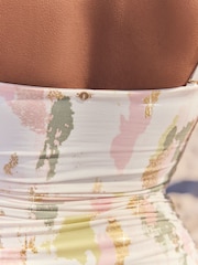 Cream/Khaki/Gold Foil Abstract Bandeau Ruched Leg Tummy Control Shaping Swimsuit - Image 5 of 8