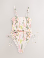 Cream/Khaki/Gold Foil Abstract Bandeau Ruched Leg Tummy Control Shaping Swimsuit - Image 6 of 8