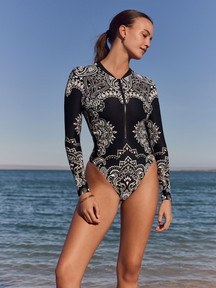 Black Paisley Bandana Print Long Sleeved Rash Swimsuit - Image 1 of 10