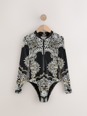 Black Paisley Bandana Print Long Sleeved Rash Swimsuit - Image 8 of 10