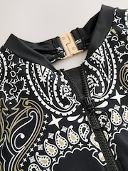 Black Paisley Bandana Print Long Sleeved Rash Swimsuit - Image 9 of 10