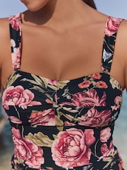Black Floral Wide Strap Tummy Control Bandeau Tankini Top - Image 5 of 6