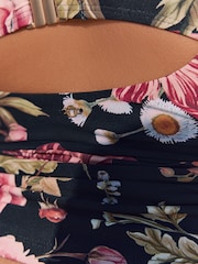 Black Floral Wide Strap Tummy Control Bandeau Tankini Top - Image 6 of 6