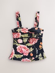 Black Floral Wide Strap Tummy Control Bandeau Tankini Top - Image 7 of 10