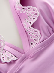 Lilac Purple Embroidered Frill Plunge Tummy Control Swimsuit - Image 11 of 11