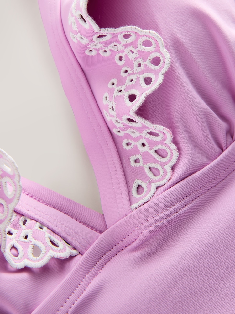 Lilac Purple Embroidered Frill Plunge Tummy Control Swimsuit - Image 11 of 11