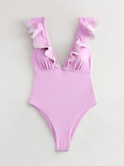 Lilac Purple Embroidered Frill Plunge Tummy Control Swimsuit - Image 8 of 11