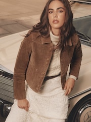 Lipsy Tan Brown Double Popper Suede Collared Jacket - Image 1 of 4