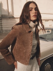 Lipsy Tan Brown Double Popper Suede Collared Jacket - Image 2 of 4