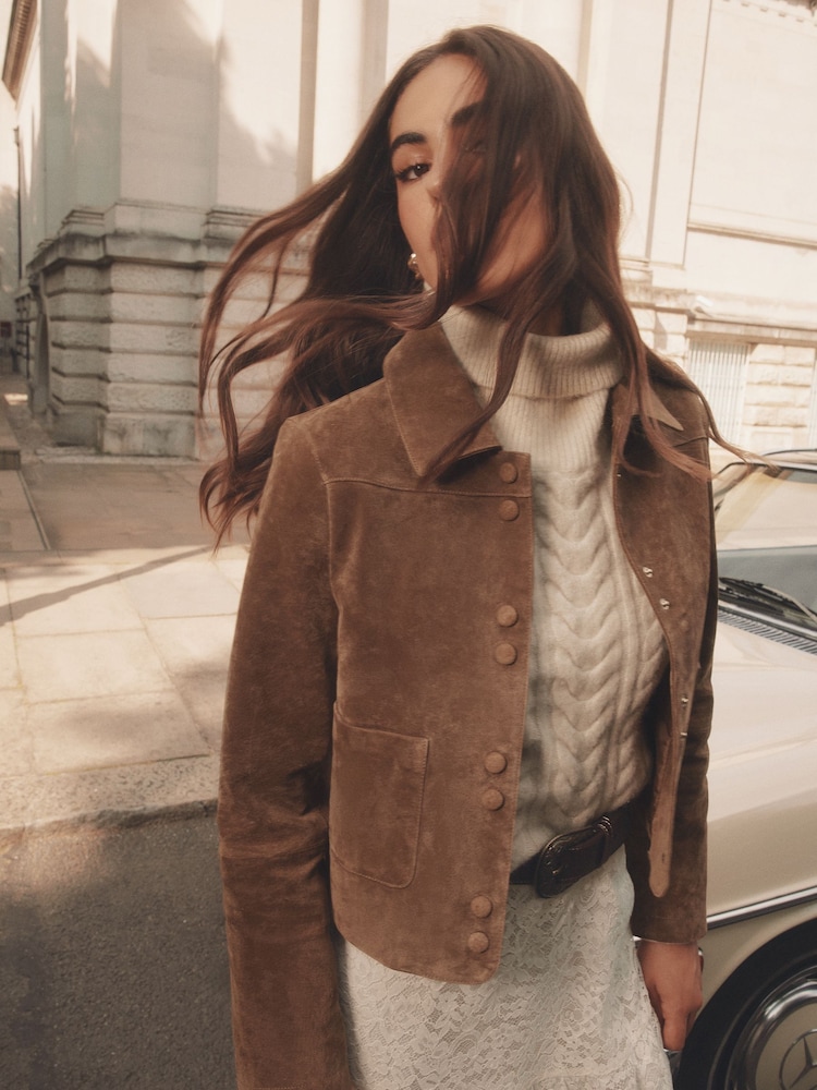 Lipsy Tan Brown Double Popper Suede Collared Jacket - Image 4 of 4