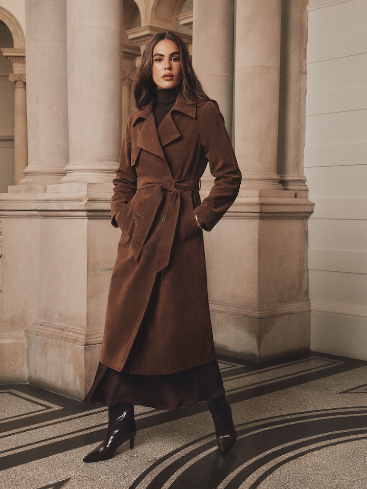 Lipsy Chocolate Brown Faux Suede Relaxed Longline Trench Coat - Image 1 of 5