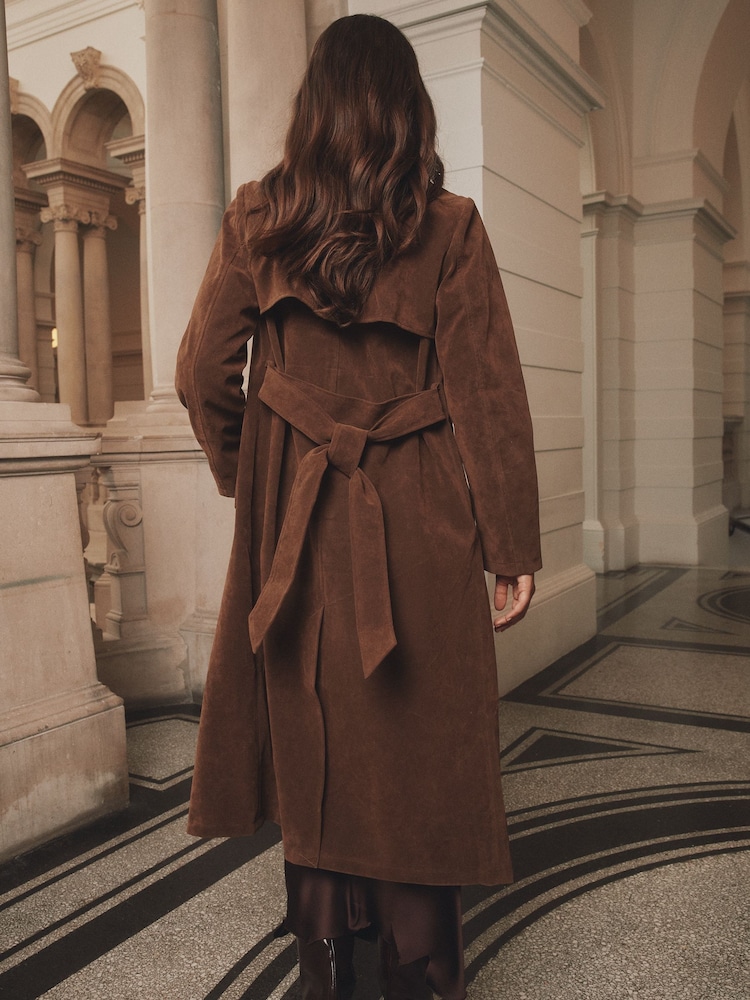 Lipsy Chocolate Brown Faux Suede Relaxed Longline Trench Coat - Image 2 of 5