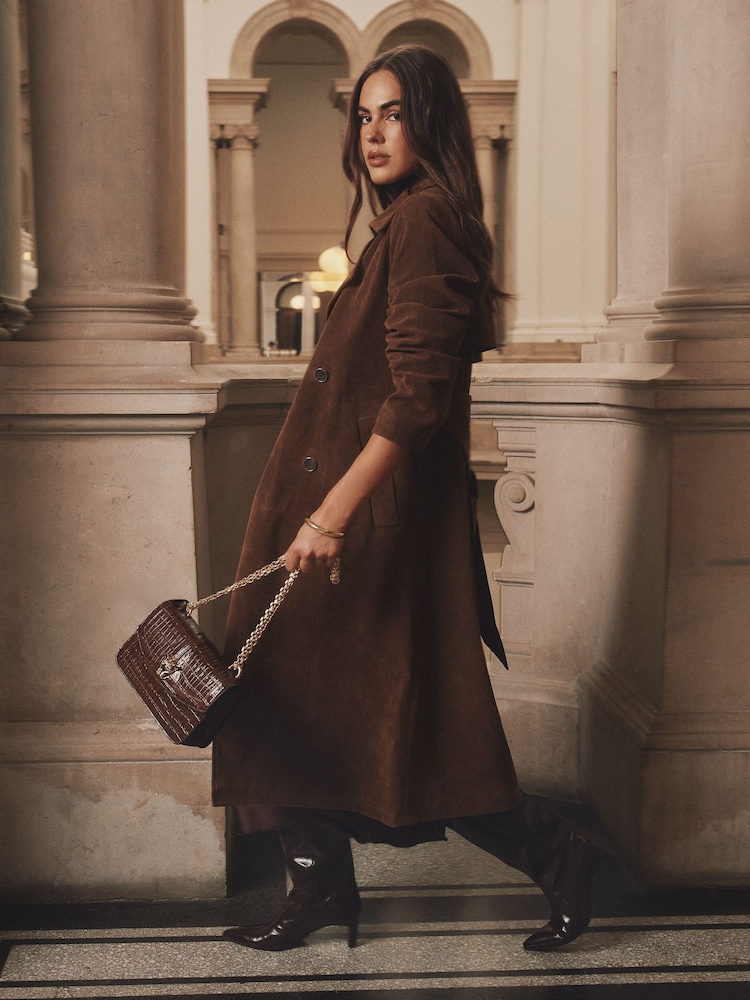 Buy Lipsy Chocolate Brown Faux Suede Relaxed Longline Trench Coat