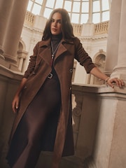 Lipsy Chocolate Brown Faux Suede Relaxed Longline Trench Coat - Image 4 of 5