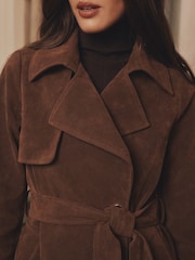 Lipsy Chocolate Brown Faux Suede Relaxed Longline Trench Coat - Image 5 of 5