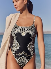 Black Paisley Bandana Print Tummy Control High Leg Scoop Swimsuit - Image 4 of 10